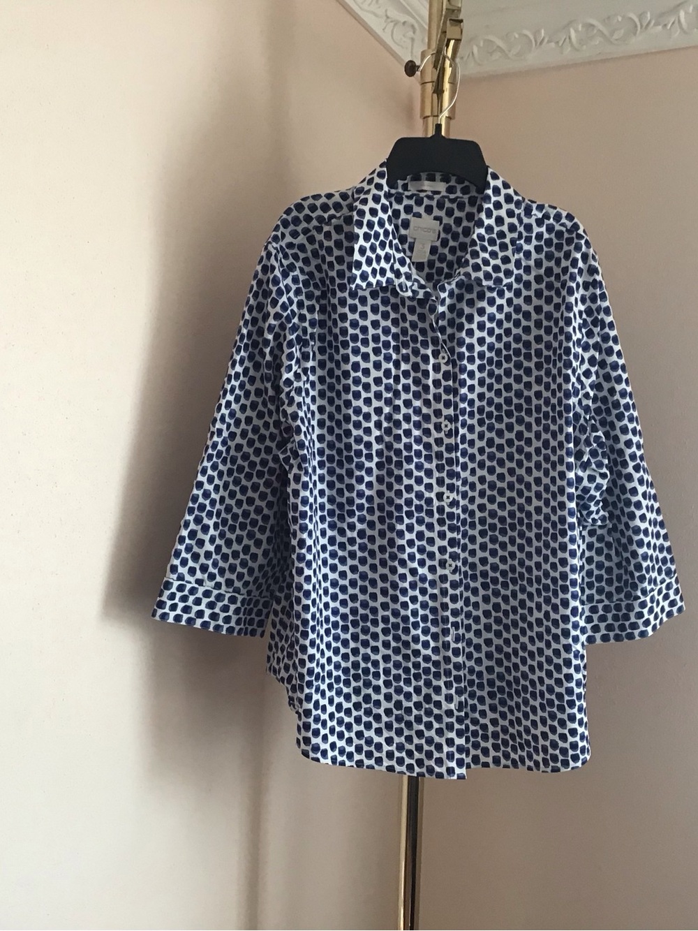 Chico's White Blouse with Navy Dot Pattern